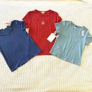 NWT 3 Women Ribbed Baby Tees Various Brands Red, Blue Size XS, L Short Sleeves